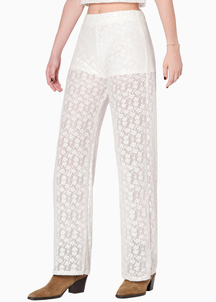 Pantalón recto de encaje y con elástico en cintura color blanco, marfil para mujer - Flashy