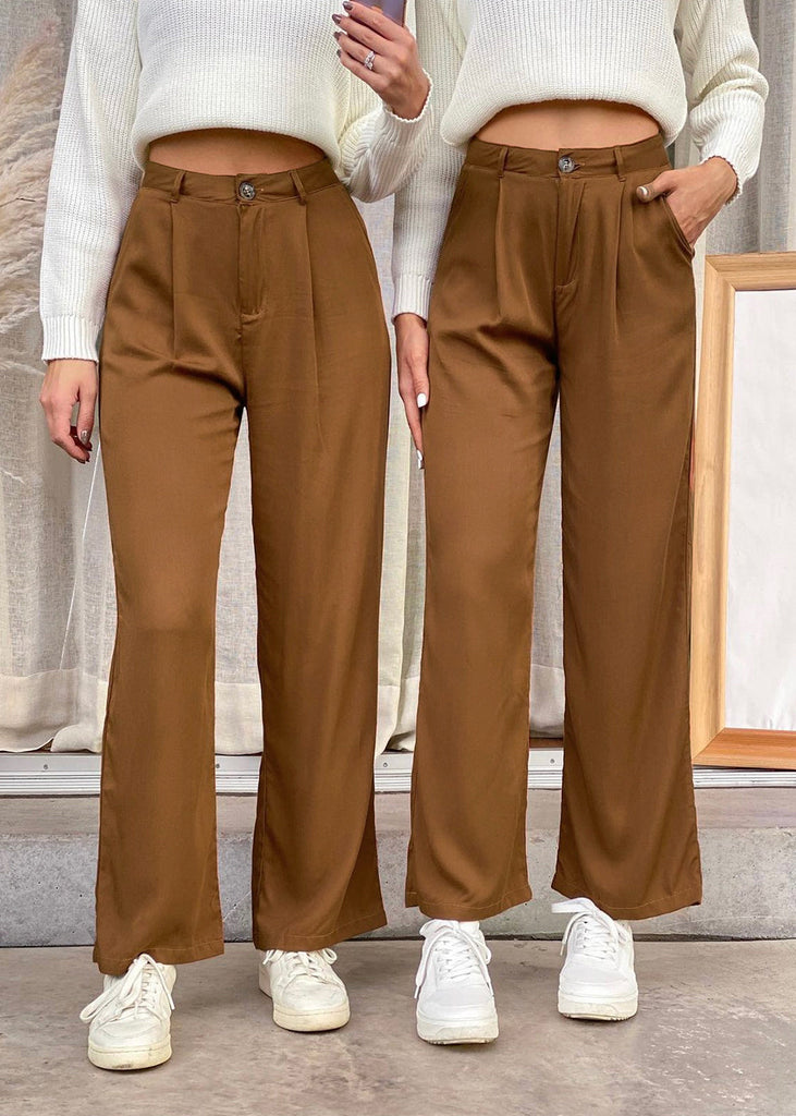 Pantalón recto de tiro alto color camel, café para mujer - Flashy