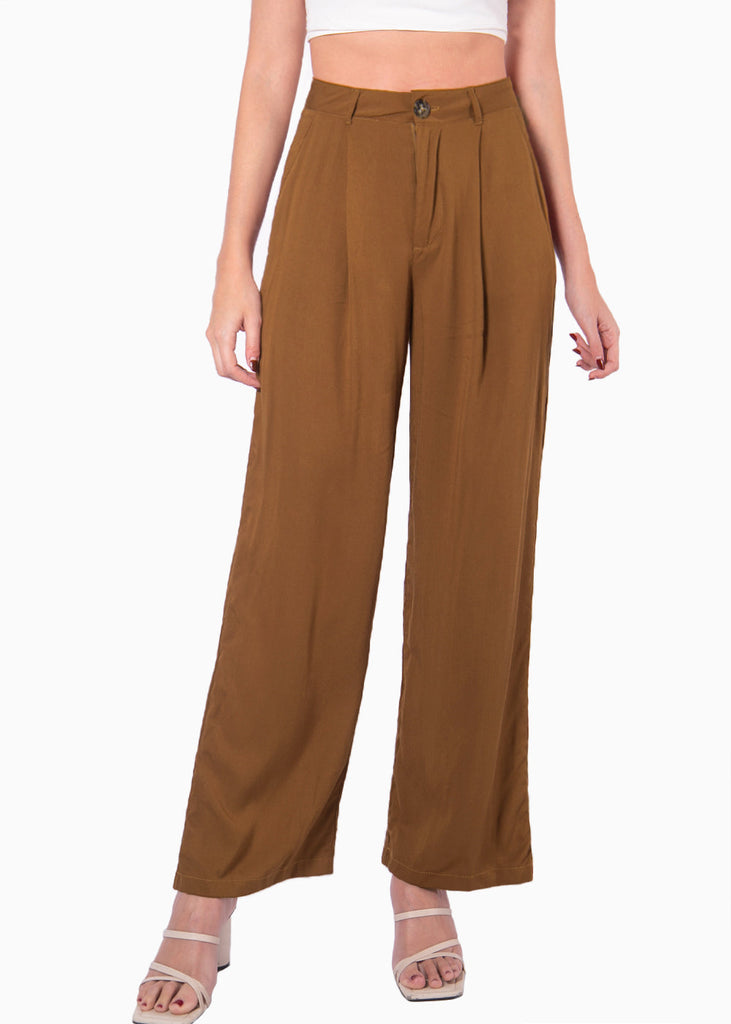 Pantalón recto de tiro alto color camel, café para mujer - Flashy