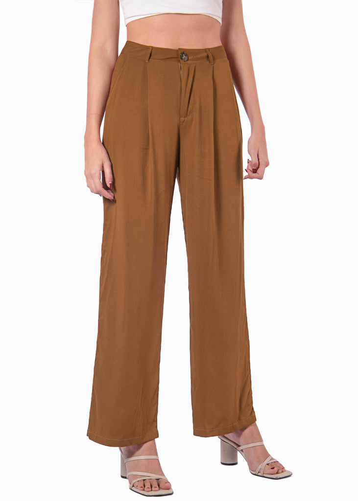 Pantalón recto de tiro alto color camel, café para mujer - Flashy