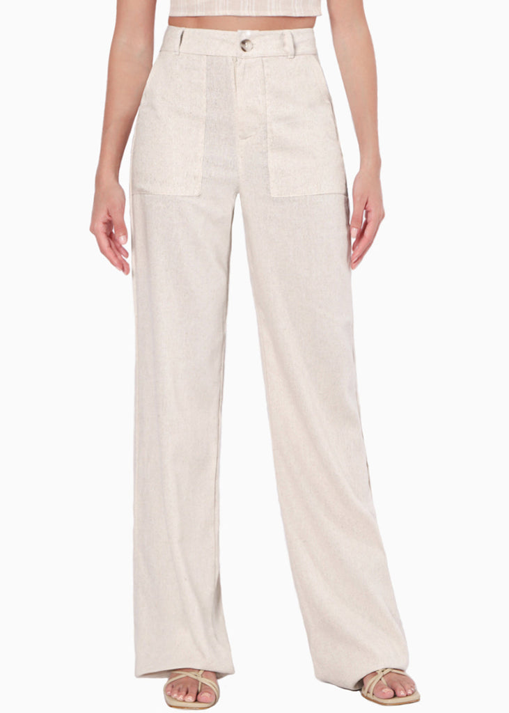 Pantalón recto tipo lino con tiro alto y bolsillos color beige para mujer - Flashy