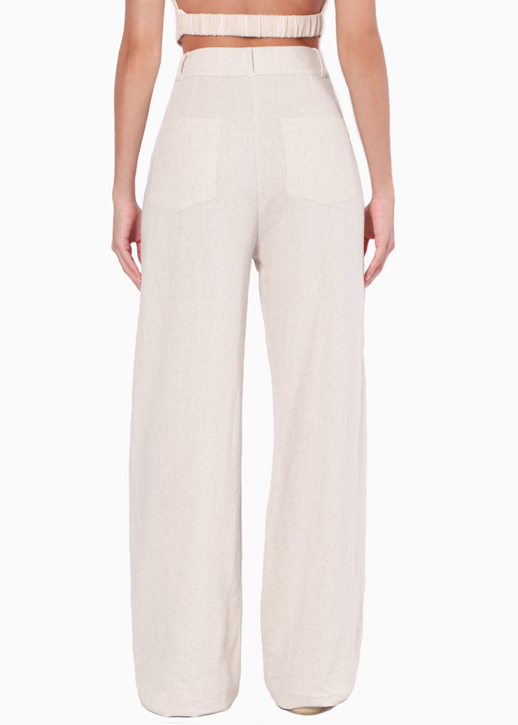 Pantalón recto tipo lino con tiro alto y bolsillos color beige para mujer - Flashy