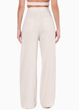 Pantalón recto tipo lino con tiro alto y bolsillos color beige para mujer - Flashy