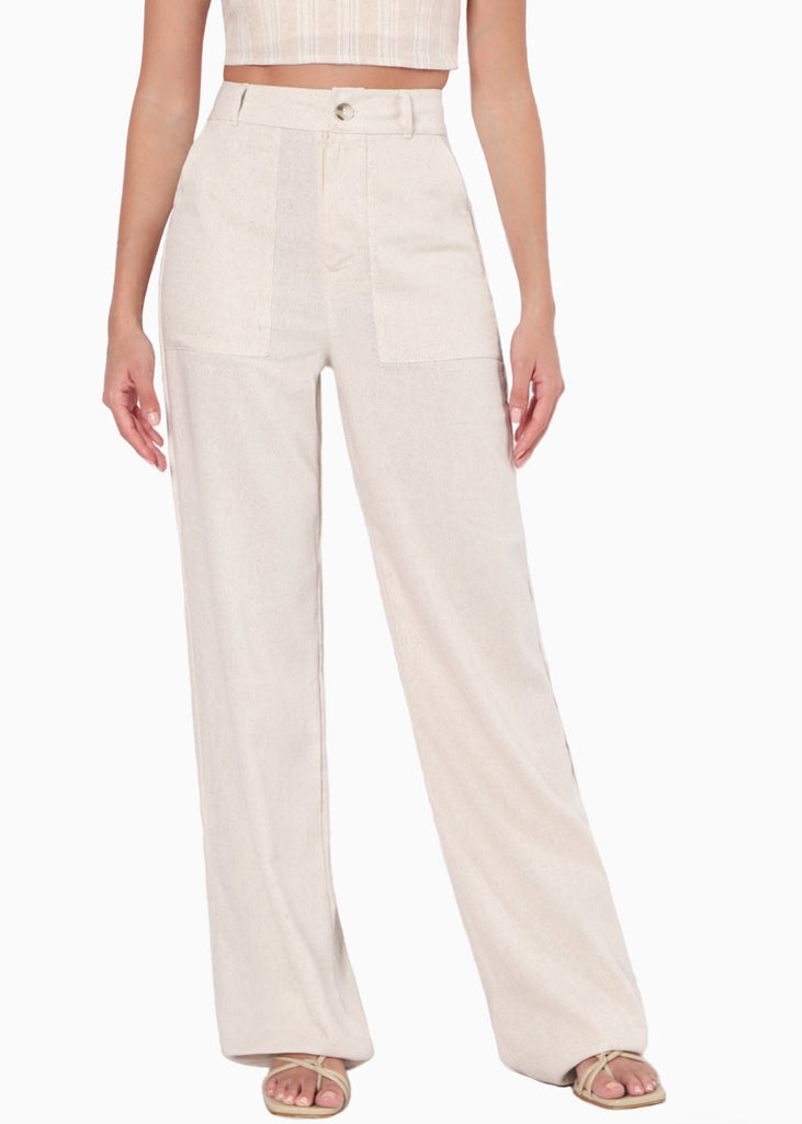 Pantalón recto tipo lino con tiro alto y bolsillos color beige para mujer - Flashy