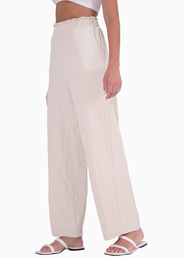 Pantalón recto tiro alto con elástico en cintura color beige para mujer - Flashy