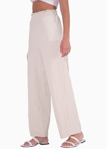 Pantalón recto tiro alto con elástico en cintura color beige para mujer - Flashy