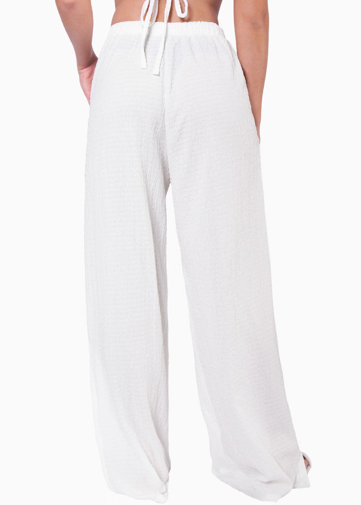 Pantalón recto tiro alto con elástico en cintura color marfil para mujer - Flashy
