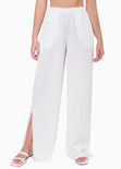 Pantalón recto tiro alto con elástico en cintura color marfil para mujer - Flashy