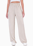 Pantalón recto tiro alto con elástico en cintura y bolsillos color beige para mujer - Flashy