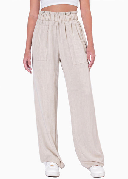 Pantalón recto tiro alto con elástico en cintura y bolsillos color beige para mujer - Flashy