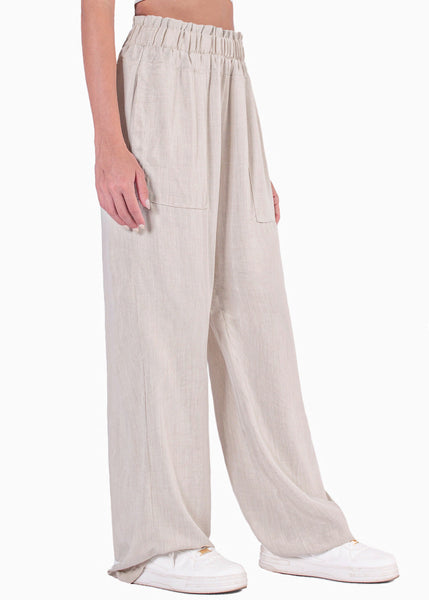 Pantalón recto tiro alto con elástico en cintura y bolsillos color beige para mujer - Flashy