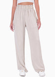 Pantalón recto tiro alto con elástico en cintura y bolsillos color beige para mujer - Flashy