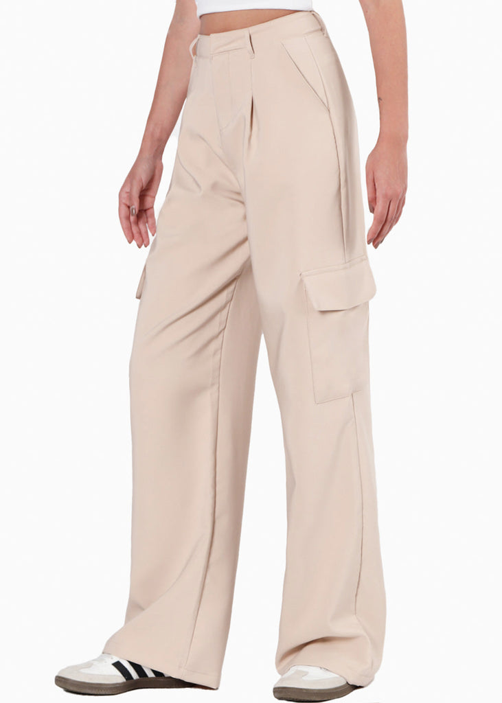 Pantalón tipo cargo de tiro alto y wide leg color beige para mujer - Flashy