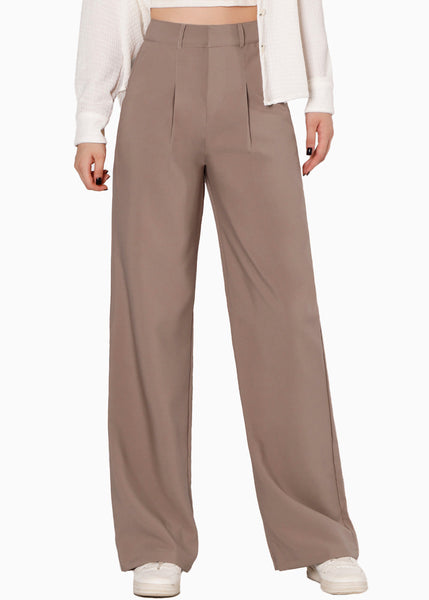 Pantalón tiro alto wide leg color café para mujer - Flashy