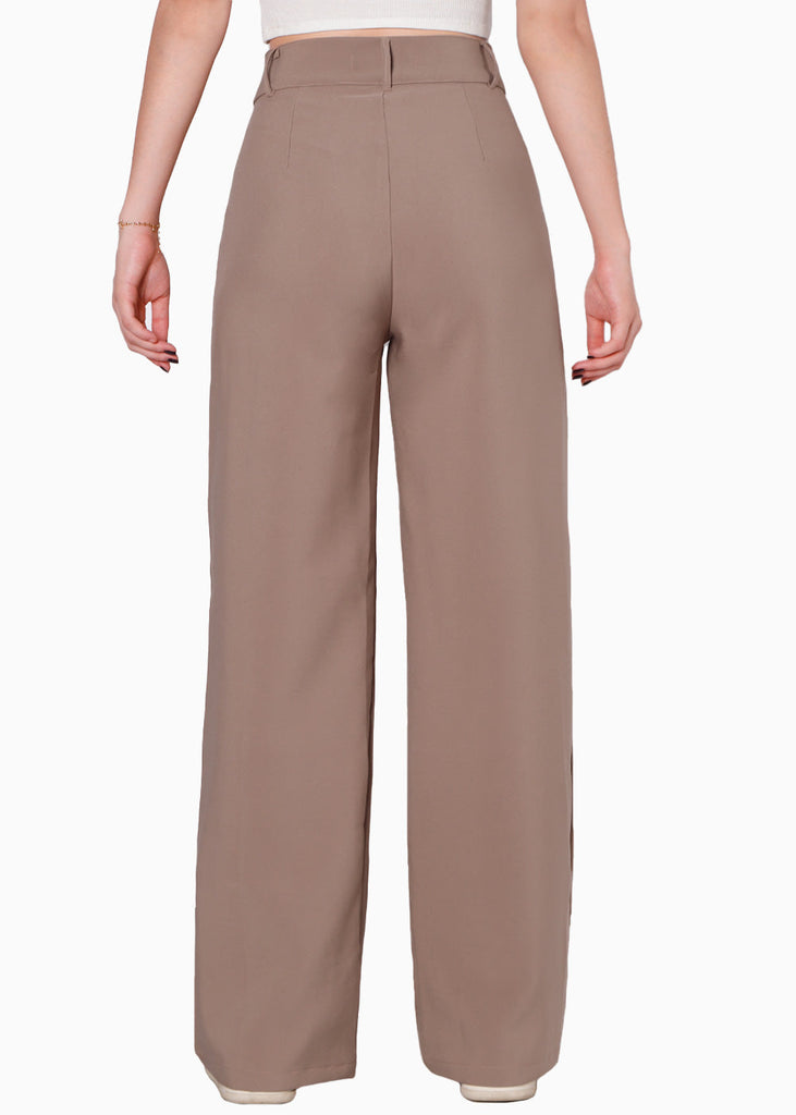 Pantalón tiro alto wide leg color café para mujer - Flashy