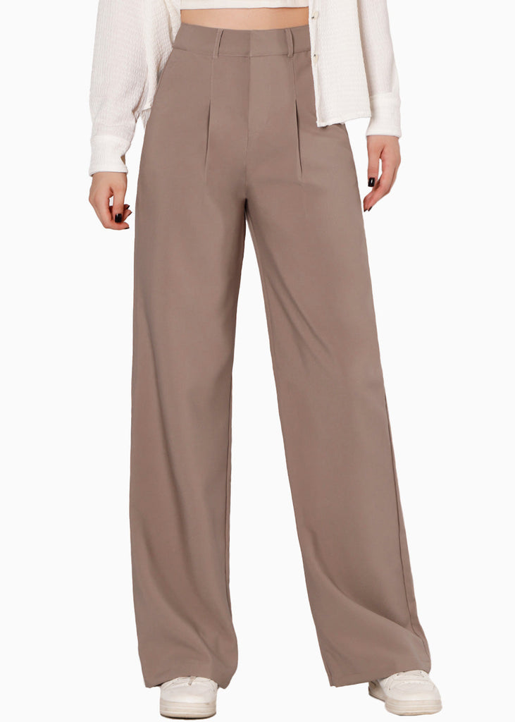 Pantalón tiro alto wide leg color café para mujer - Flashy
