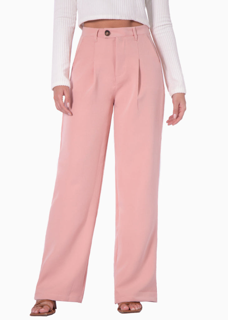 Pantalón tiro alto wide leg color rosado para mujer - Flashy