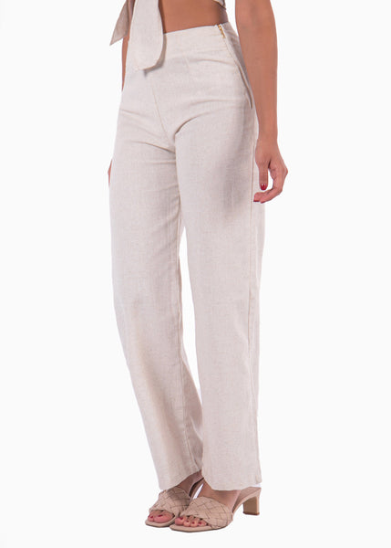 Pantalón tiro alto wide leg color beige para mujer - Flashy
