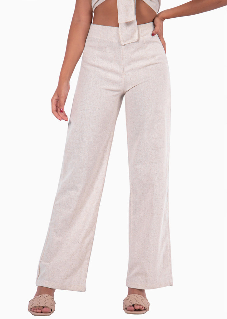 Pantalón tiro alto wide leg color beige para mujer - Flashy