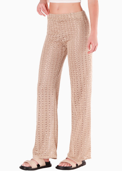 Pantalón wide leg con elástico en cintura color dorado para mujer - Flashy