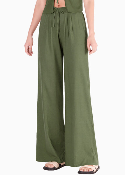 Pantalón wide leg con elástico y prenses, en tela con textura color verde para mujer - Flashy