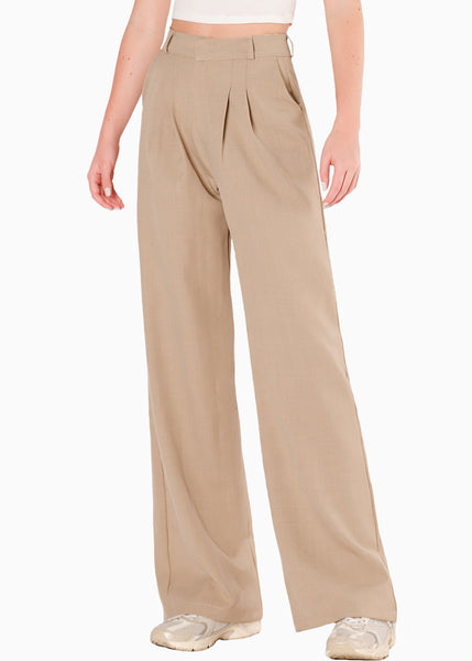 Pantalón wide leg con prenses color beige para mujer - Flashy