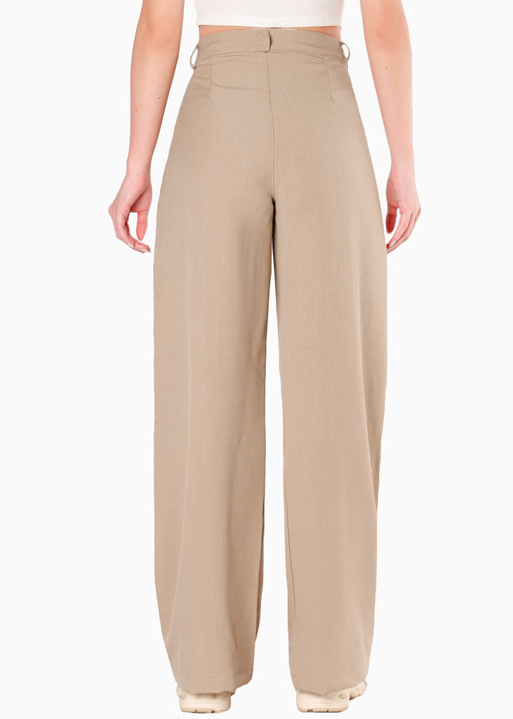 Pantalón wide leg con prenses color beige para mujer - Flashy