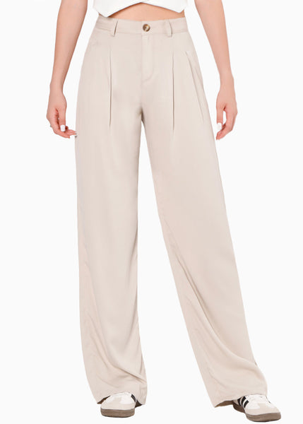 Pantalón wide leg de tiro alto color beige para mujer - Flashy