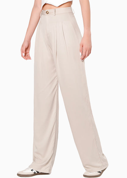 Pantalón wide leg de tiro alto color beige para mujer - Flashy