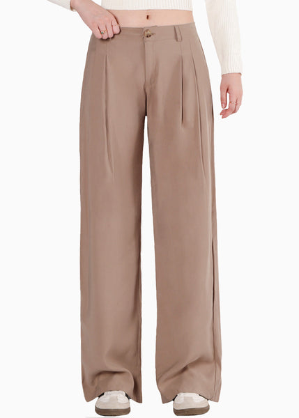 Pantalón wide leg de tiro bajo color café para mujer - Flashy