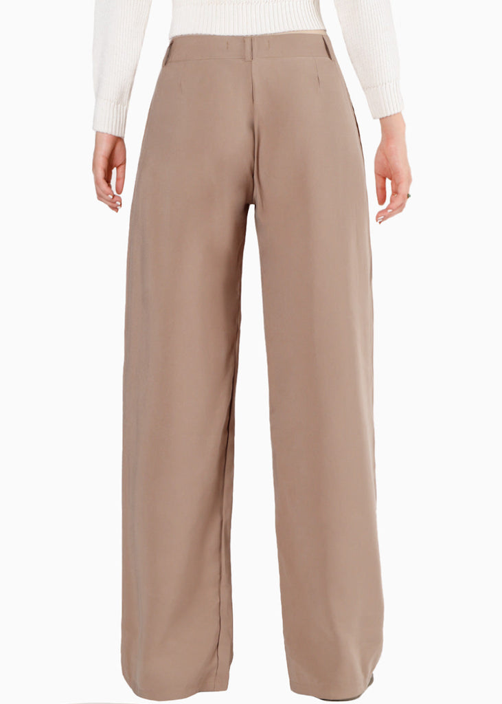 Pantalón wide leg de tiro bajo color café para mujer - Flashy