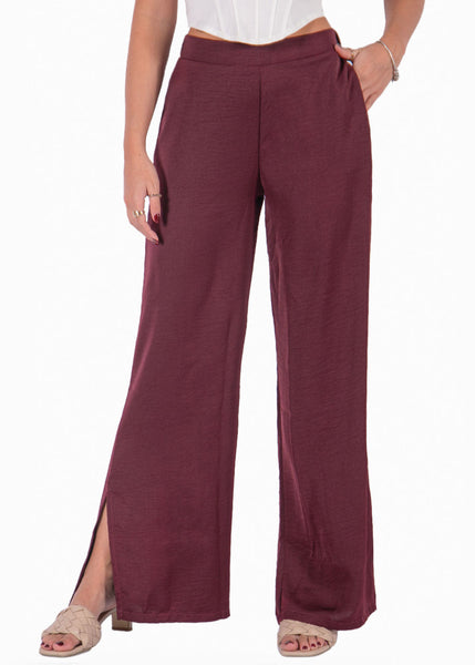 Pantalón wide leg tiro alto color vino para mujer - Flashy