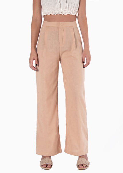 Pantalón wide leg tiro alto de lino color beige para mujer - Flashy
