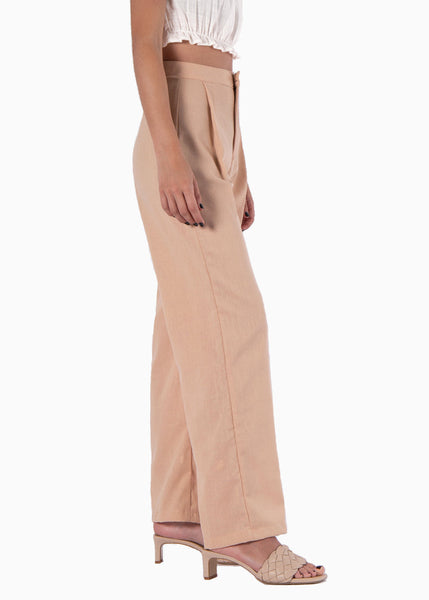 Pantalón wide leg tiro alto de lino color beige para mujer - Flashy
