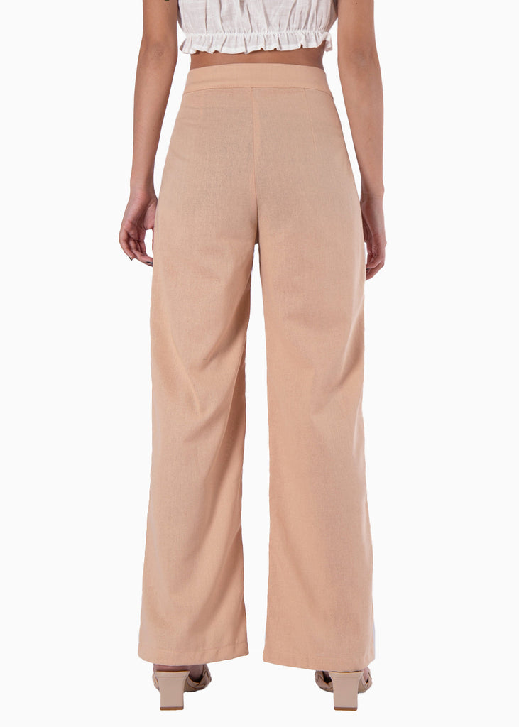 Pantalón wide leg tiro alto de lino color beige para mujer - Flashy