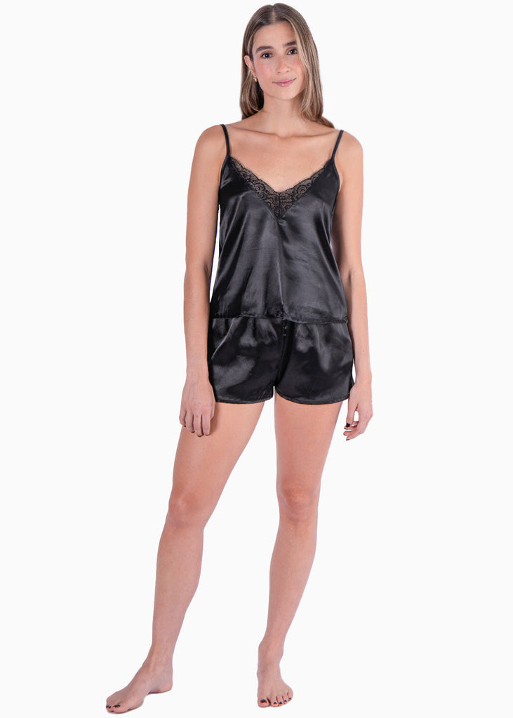 Pijama con blusa de tiras con encaje y short color negro para mujer - Flashy