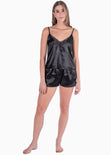 Pijama con blusa de tiras con encaje y short color negro para mujer - Flashy