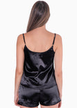 Pijama con blusa de tiras con encaje y short color negro para mujer - Flashy