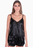 Pijama con blusa de tiras con encaje y short color negro para mujer - Flashy