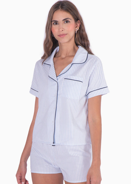 Pijama con blusa manga corta de botones y short color azul para mujer - Flashy