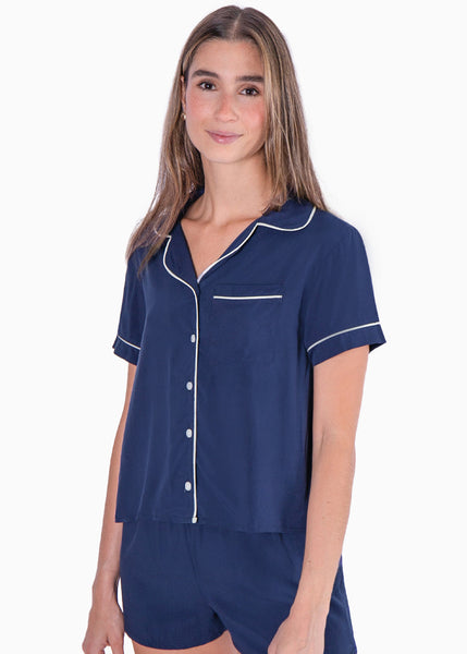 Pijama con blusa manga corta de botones y short color azul para mujer - Flashy
