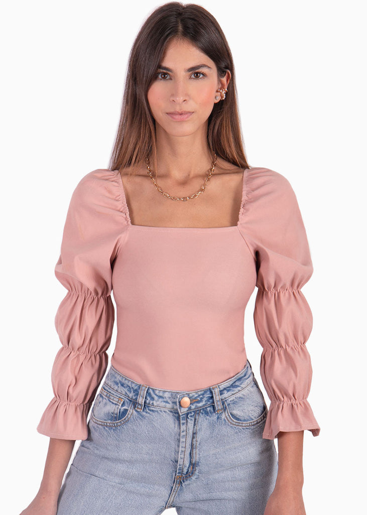 Blusa manga larga con escote cuadrado y recogidos en mangas color rosado para mujer - Flashy
