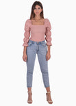 Blusa manga larga con escote cuadrado y recogidos en mangas color rosado para mujer - Flashy