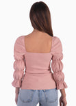 Blusa manga larga con escote cuadrado y recogidos en mangas color rosado para mujer - Flashy