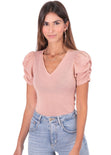 Blusa manga corta con recogido y escote en v para mujer - Flashy