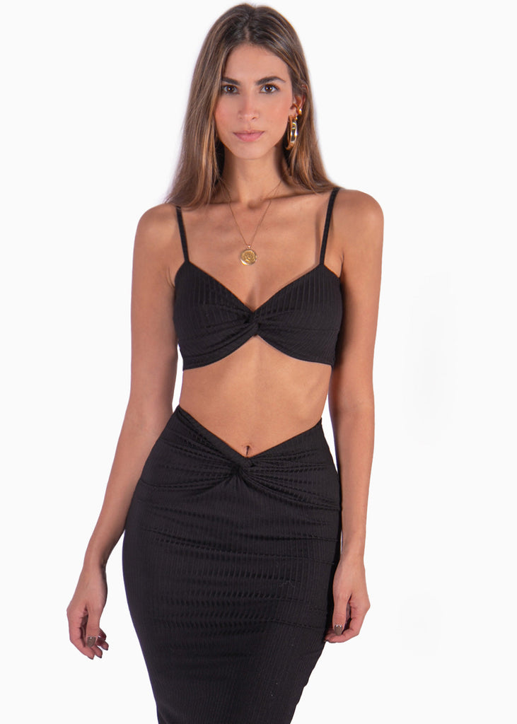 Set de falda larga y crop top de tiras con entorchado color negro para mujer - Flashy