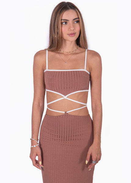 Set de falda larga y crop top de tiras color camel, café para mujer - Flashy