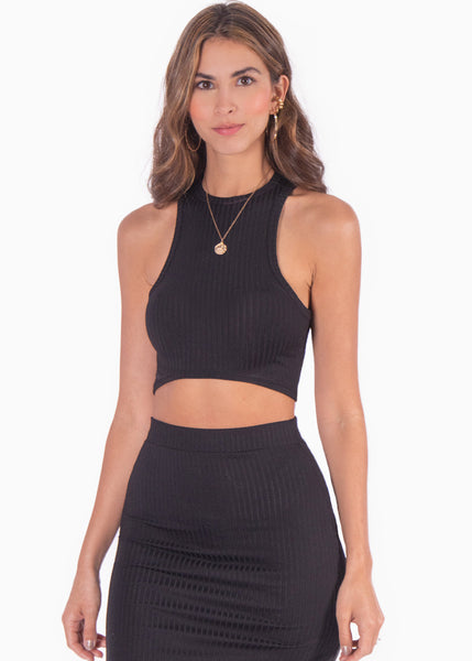 Set de falda larga y crop top halter sin mangas color negro para mujer - Flashy