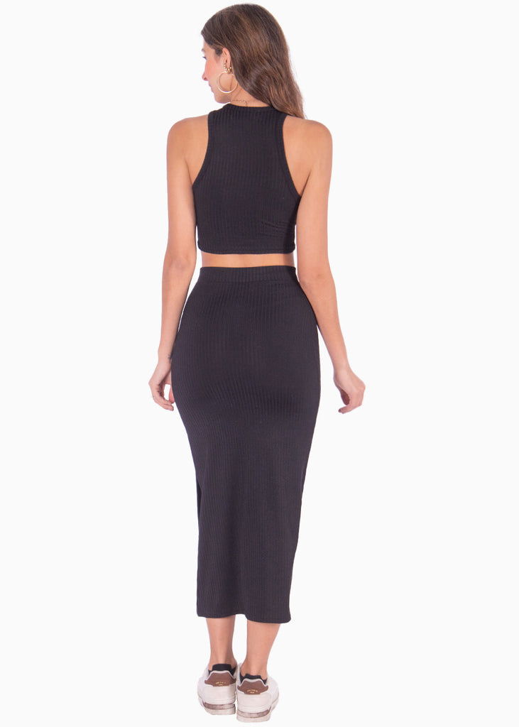Set de falda larga y crop top halter sin mangas color negro para mujer - Flashy