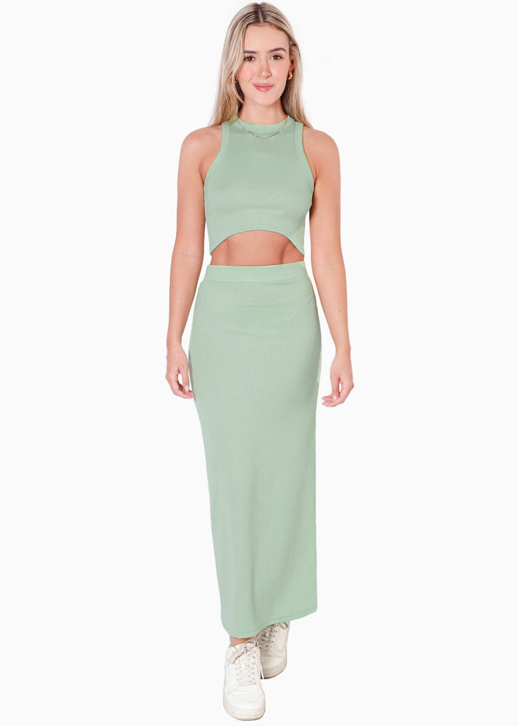Set de falda midi y crop top halter sin mangas color verde para mujer - Flashy